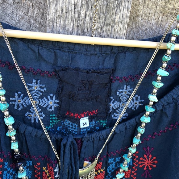 Johnny Was 3J Workshop Embroidered Bohemian Peasant Blouse Size Medium Blue - Picture 8 of 14
